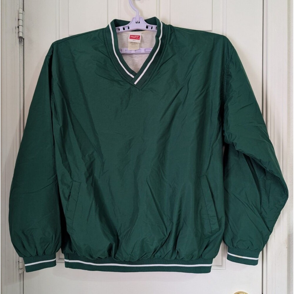 VTG Rawlings Pullover Windbreaker Jacket Men XL Green Pockets V Neck Logo Lined